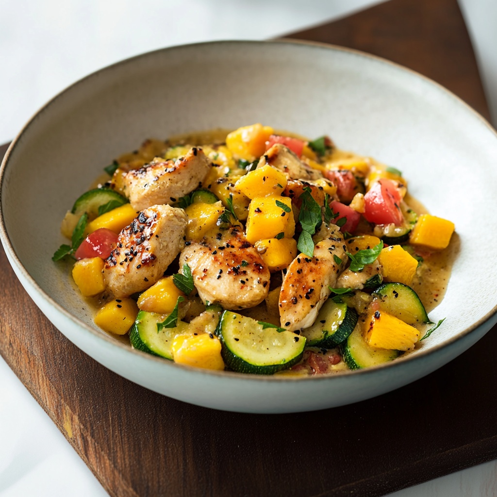 Kip met courgette, mango en tahindressing