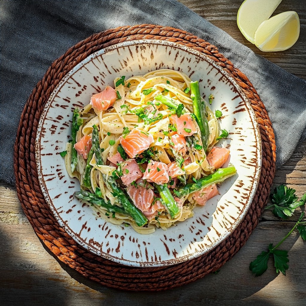 Asperges met gerookte zalm en pasta